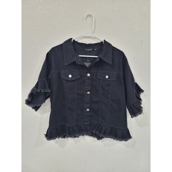 Suvimuga Women's Black Denim Jacket Button Down size XL Raw Hem #13 - Picture 1 of 3